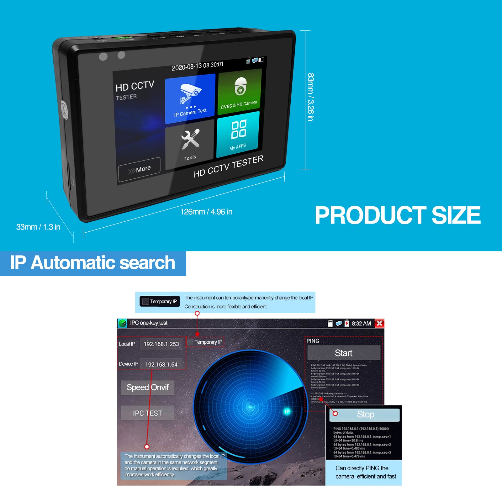 Testeur Caméra CCTV 8K Rsrteng – Écran 8 Pouces Tactile – POE++ IP AHD CVI TVI SDI